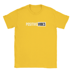 Yellow women's T-shirt with POSITIVE VIBES graphic; POSITIVE in white on yellow, VIBES in black in a white box.