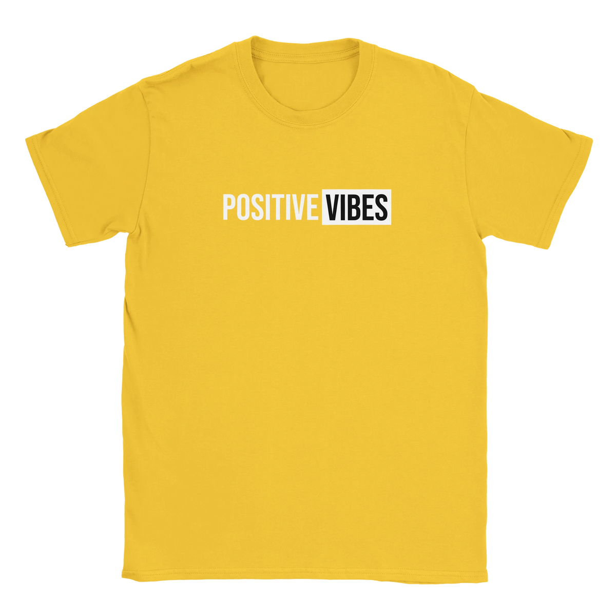 Yellow women's T-shirt with POSITIVE VIBES graphic; POSITIVE in white on yellow, VIBES in black in a white box.