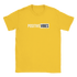 Yellow women's T-shirt with POSITIVE VIBES graphic; POSITIVE in white on yellow, VIBES in black in a white box.