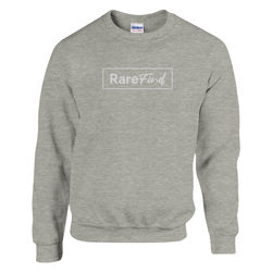 Gray crewneck sweatshirt with a white rectangular frame and RareFind text on the chest.