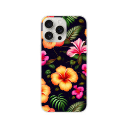 Tropical hibiscus botanical iPhone case (13–16) with a slim matte shell, bold petals, and lush leaves.