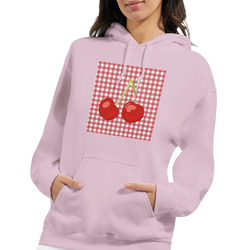 Lavender retro cherry gingham hoodie for women featuring a vintage fruit graphic pullover design with front pockets.