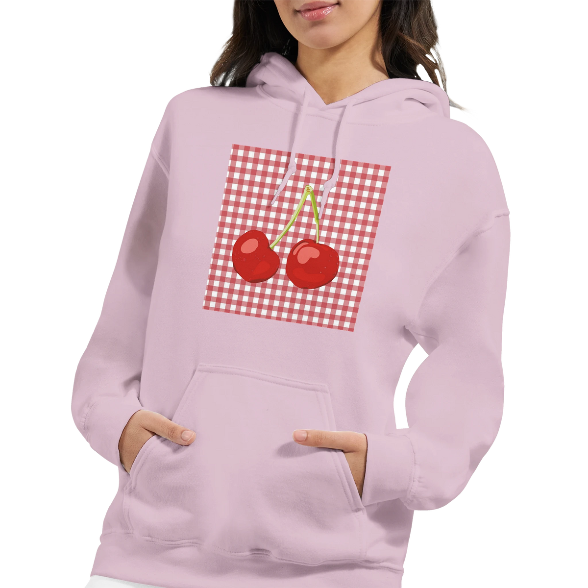 Lavender retro cherry gingham hoodie for women featuring a vintage fruit graphic pullover design with front pockets.