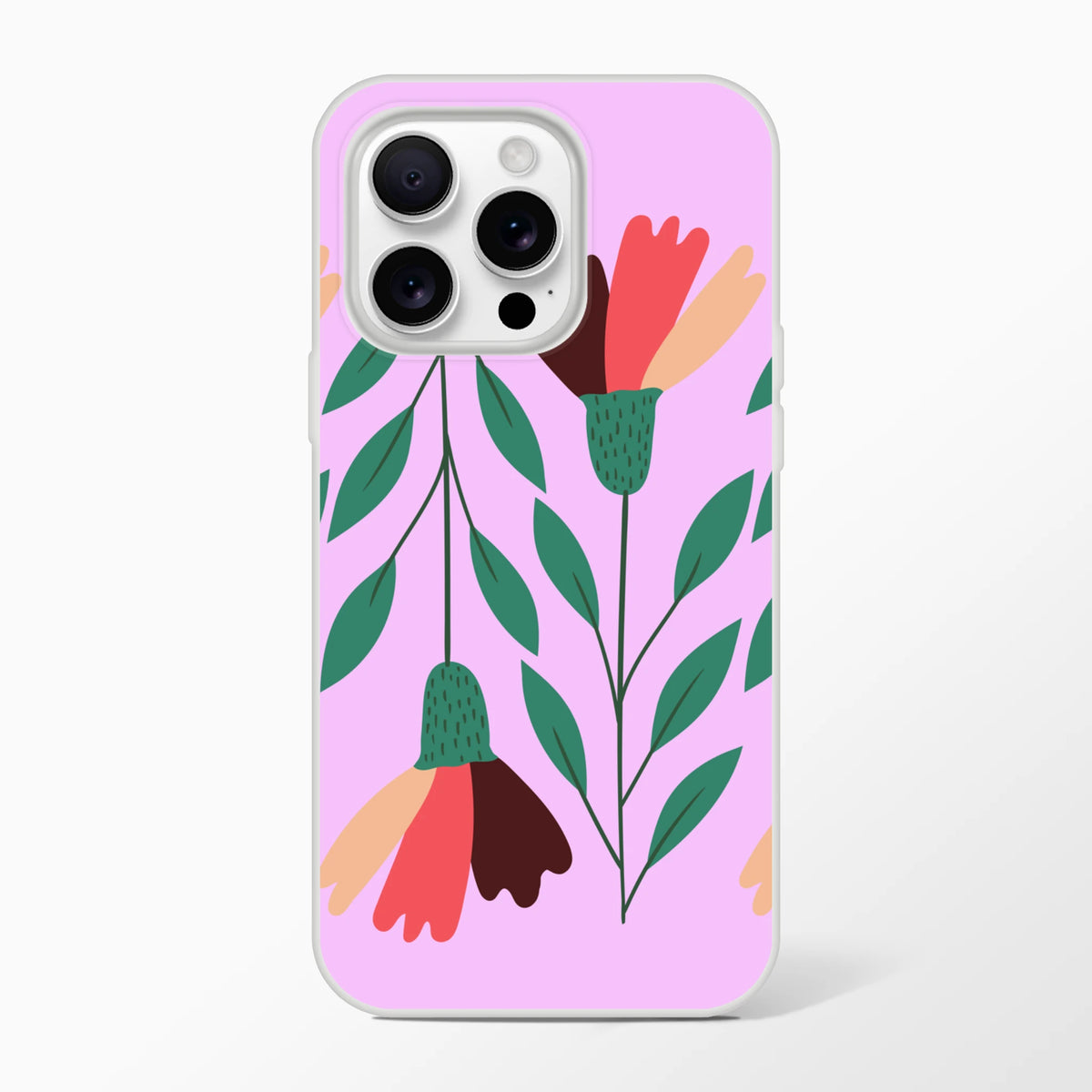 Cute floral iPhone case for 13-16 with pink background and green leaves in a vintage aesthetic.