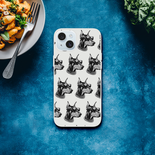 Clear iPhone case for 13-16 with a repeating gangster dog head pattern, featuring sunglasses and chain collars.