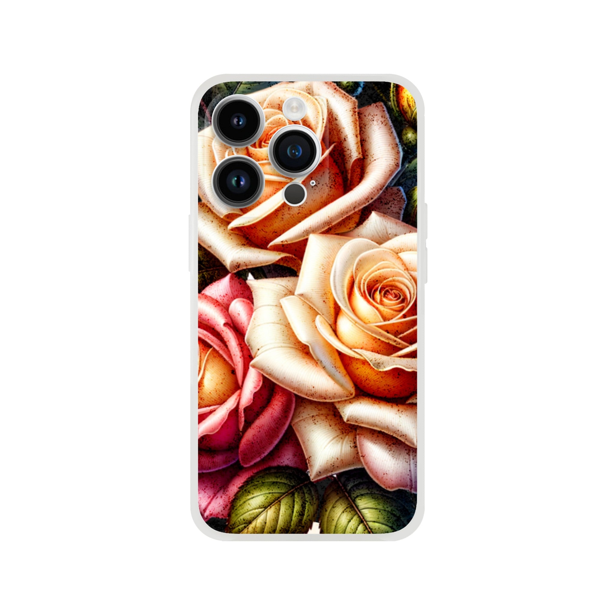 Roses floral iPhone case with slim protective shell for iPhone 16, 15, 14 and 13; rose bouquet design.