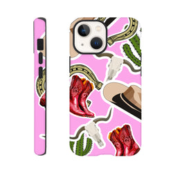 Pink western iPhone case featuring cowboy boots, cactus, horseshoe, and longhorn skull designs on a pink background.