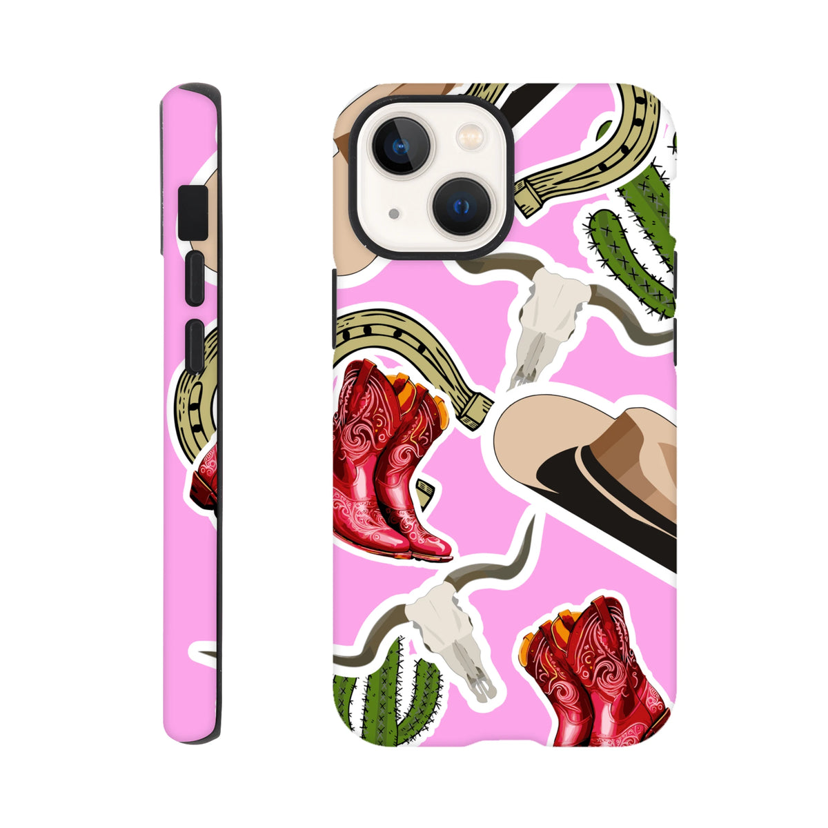 Pink western iPhone case featuring cowboy boots, cactus, horseshoe, and longhorn skull designs on a pink background.