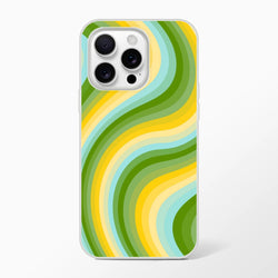 Retro green and yellow wave iPhone case with groovy Y2K swirl for iPhone 13-16, matte, shock-absorbing shell