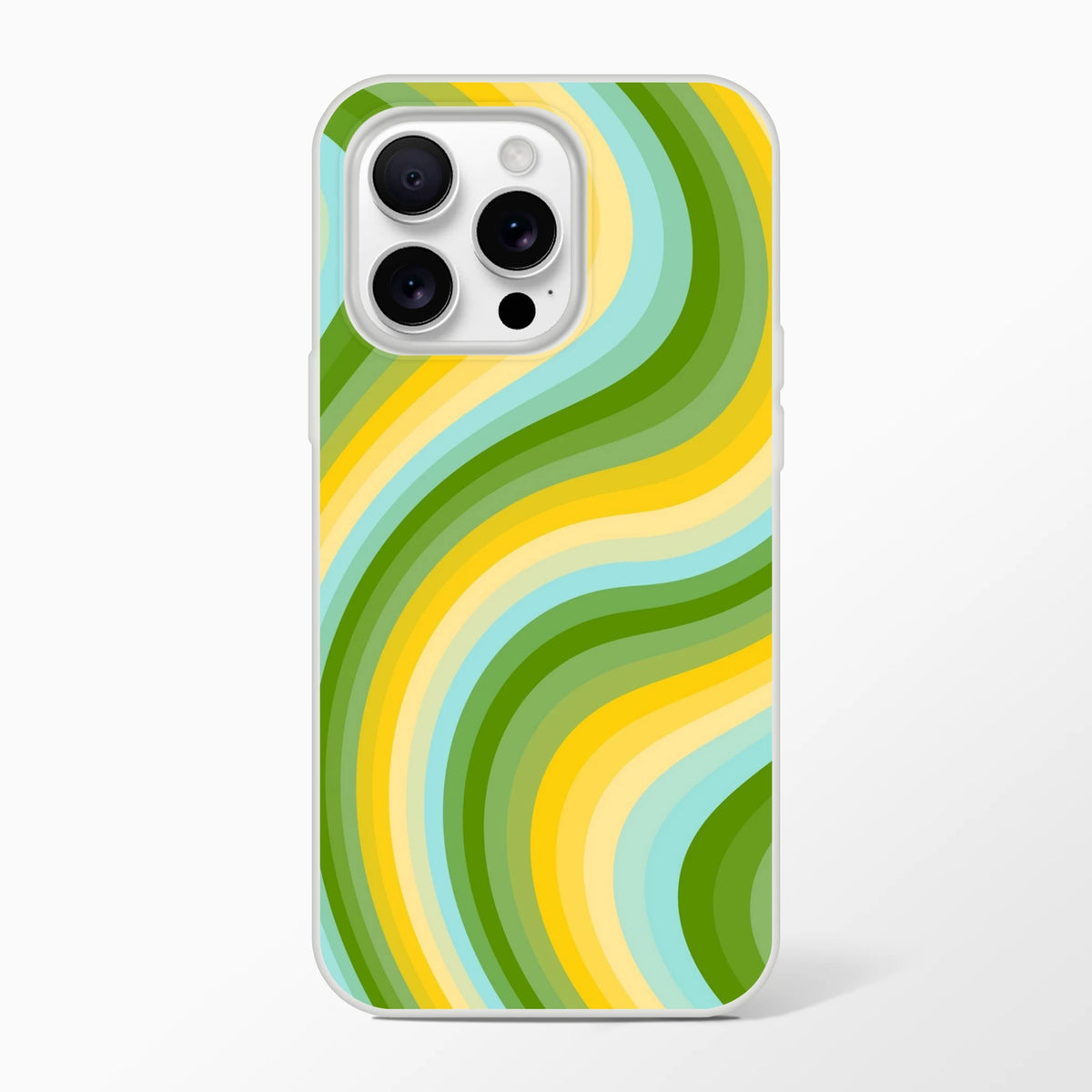 Retro green and yellow wave iPhone case with groovy Y2K swirl for iPhone 13-16, matte, shock-absorbing shell