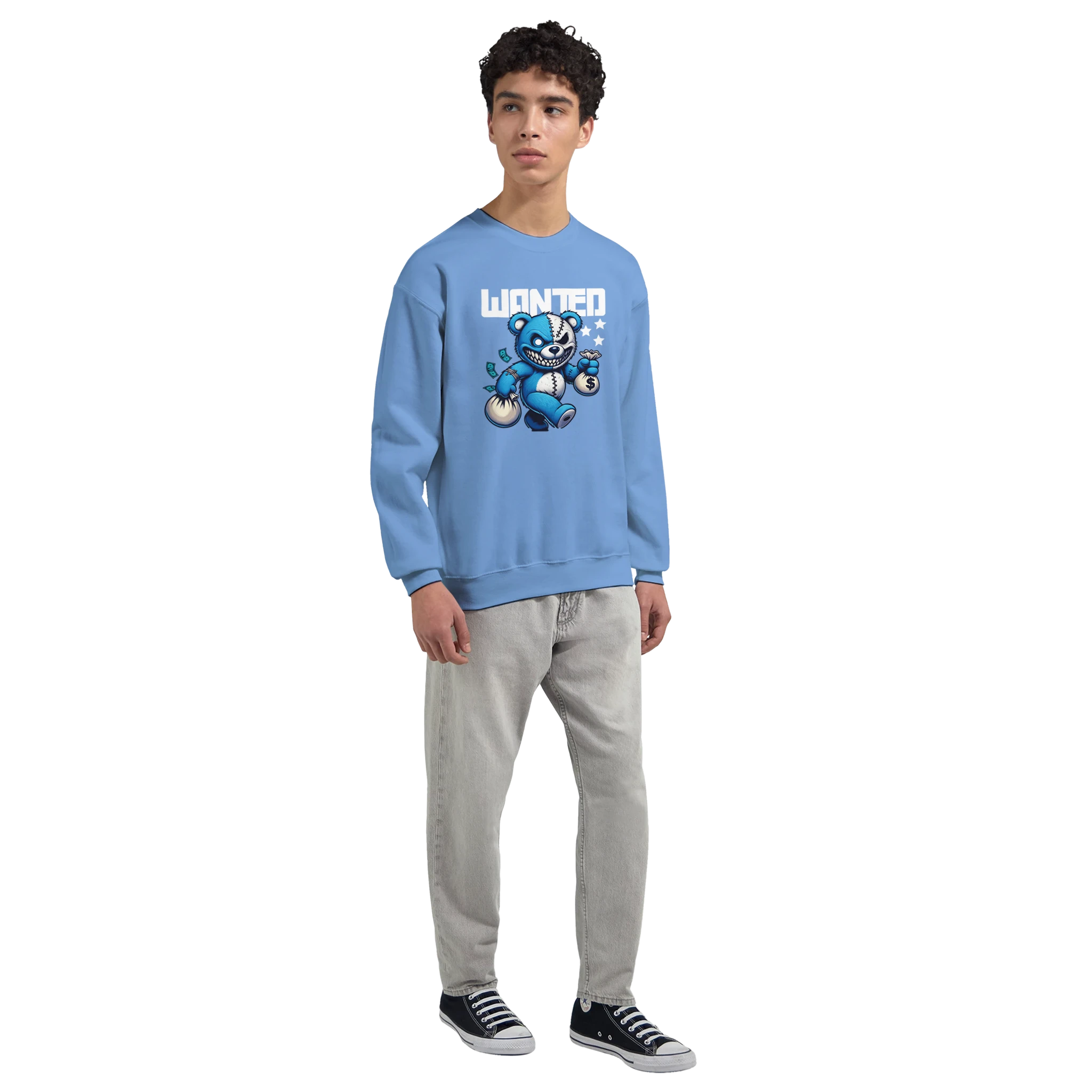 Blue Wanted Teddy Bear men's graphic sweatshirt on a model, featuring a bear and WANTED text.