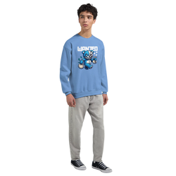 Blue Wanted Teddy Bear men's graphic sweatshirt on a model, featuring a bear and WANTED text.