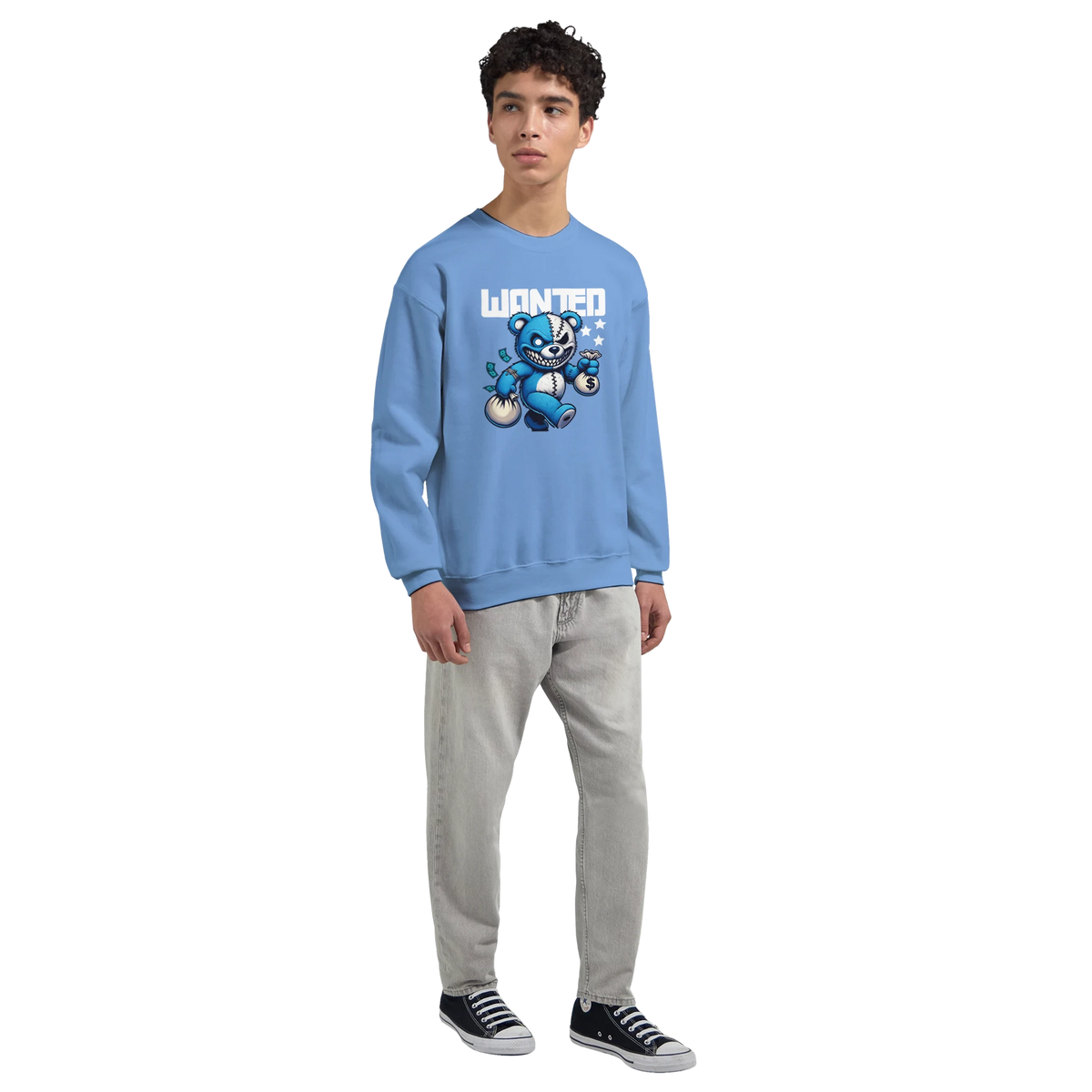 Blue Wanted Teddy Bear men's graphic sweatshirt on a model, featuring a bear and WANTED text.