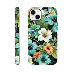 Tropical hibiscus floral iPhone case with teal, white, and orange flowers on dark leaves. Shock-absorbing tough cover for everyday carry.