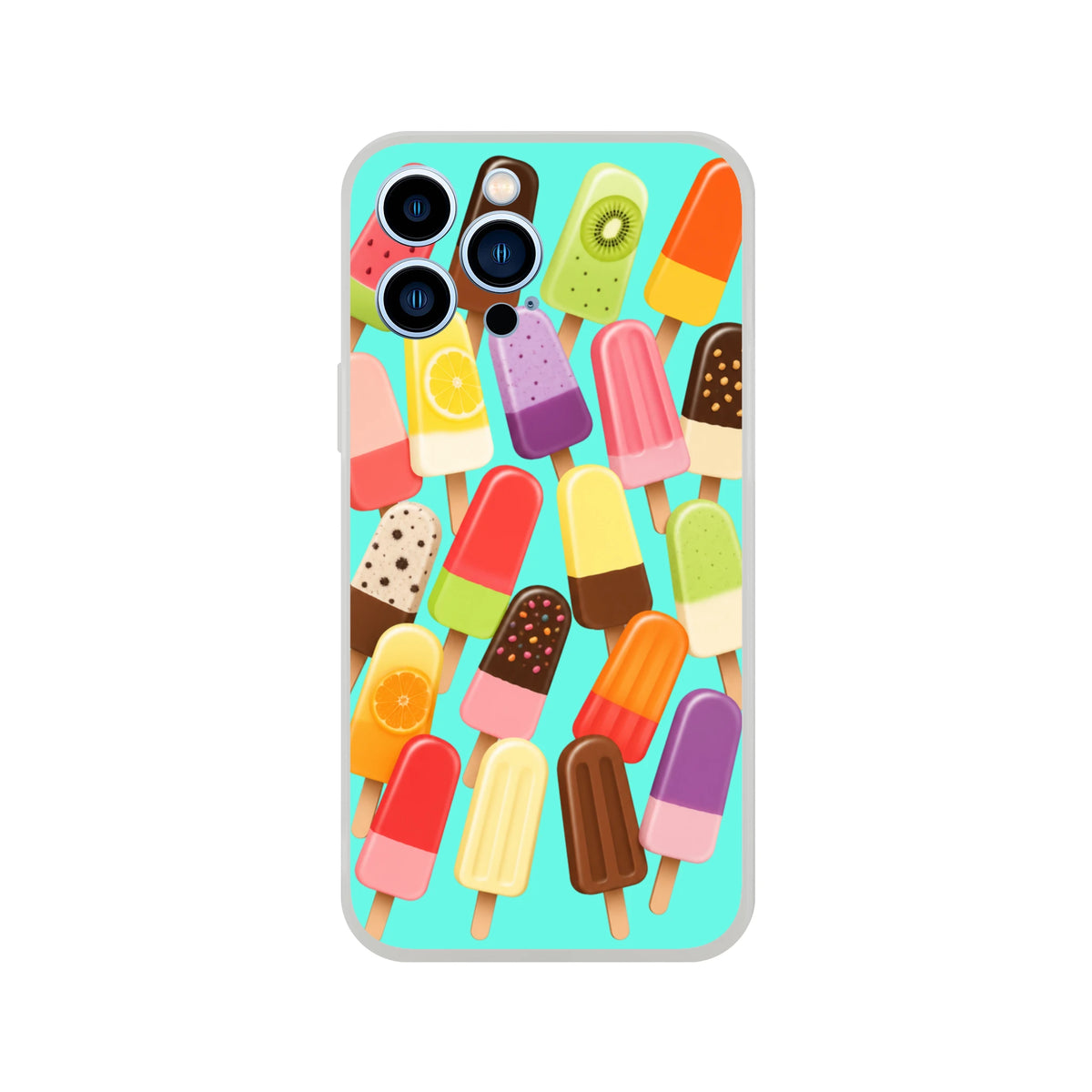 Retro summer popsicle iPhone case featuring colorful ice lolly pattern on aqua background. Shock-absorbing TPU phone cover.