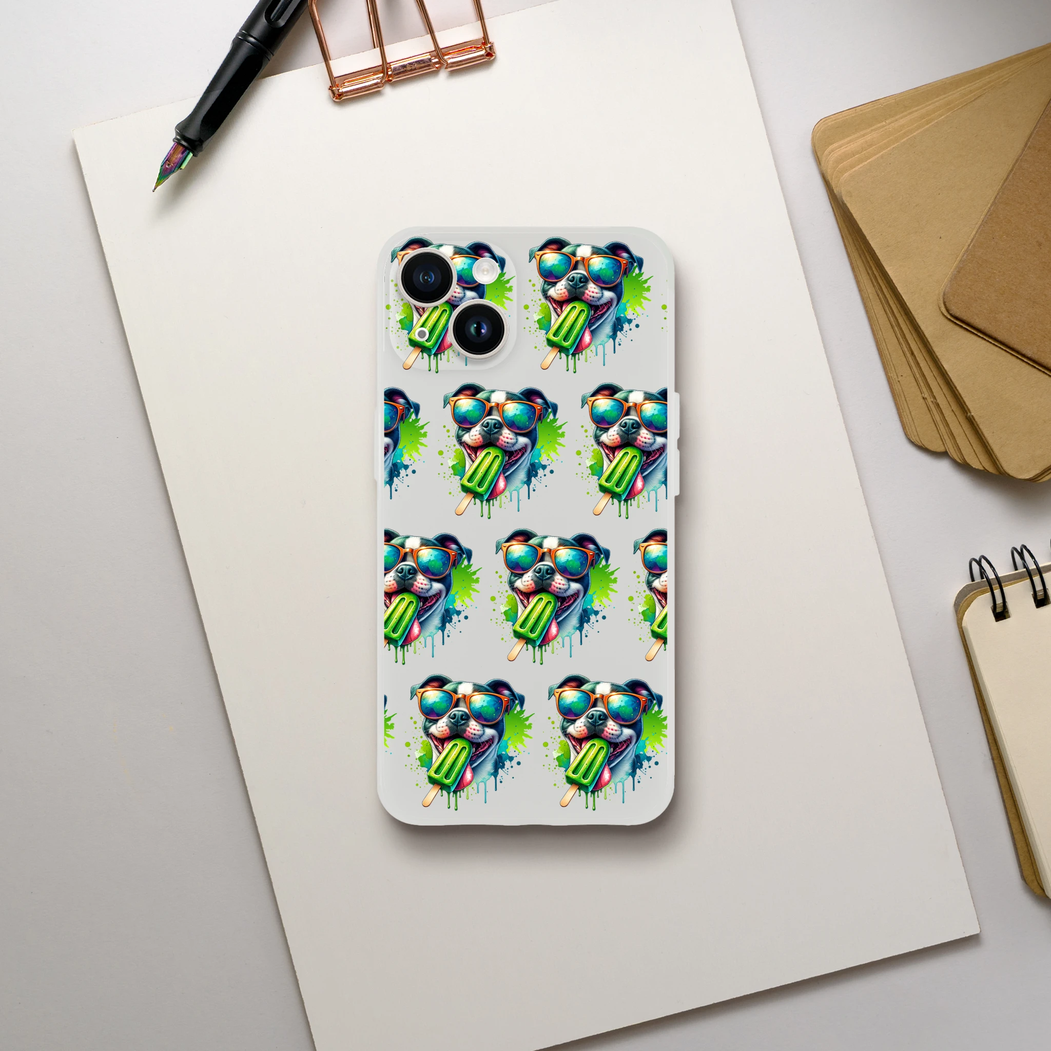 Chill Dog transparent case with frosty texture and repeating sunglasses dog popsicle for iPhone 13–16