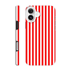 Retro red and white vertical stripe tough iPhone case featuring a bold wraparound design and rugged protective side buttons.