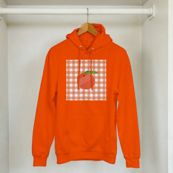 Orange retro peach gingham hoodie for women featuring a vintage fruit graphic pullover design.