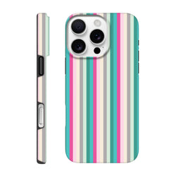 Retro pink and aqua vertical stripe tough iPhone case offering street-ready protection and a vintage city aesthetic.