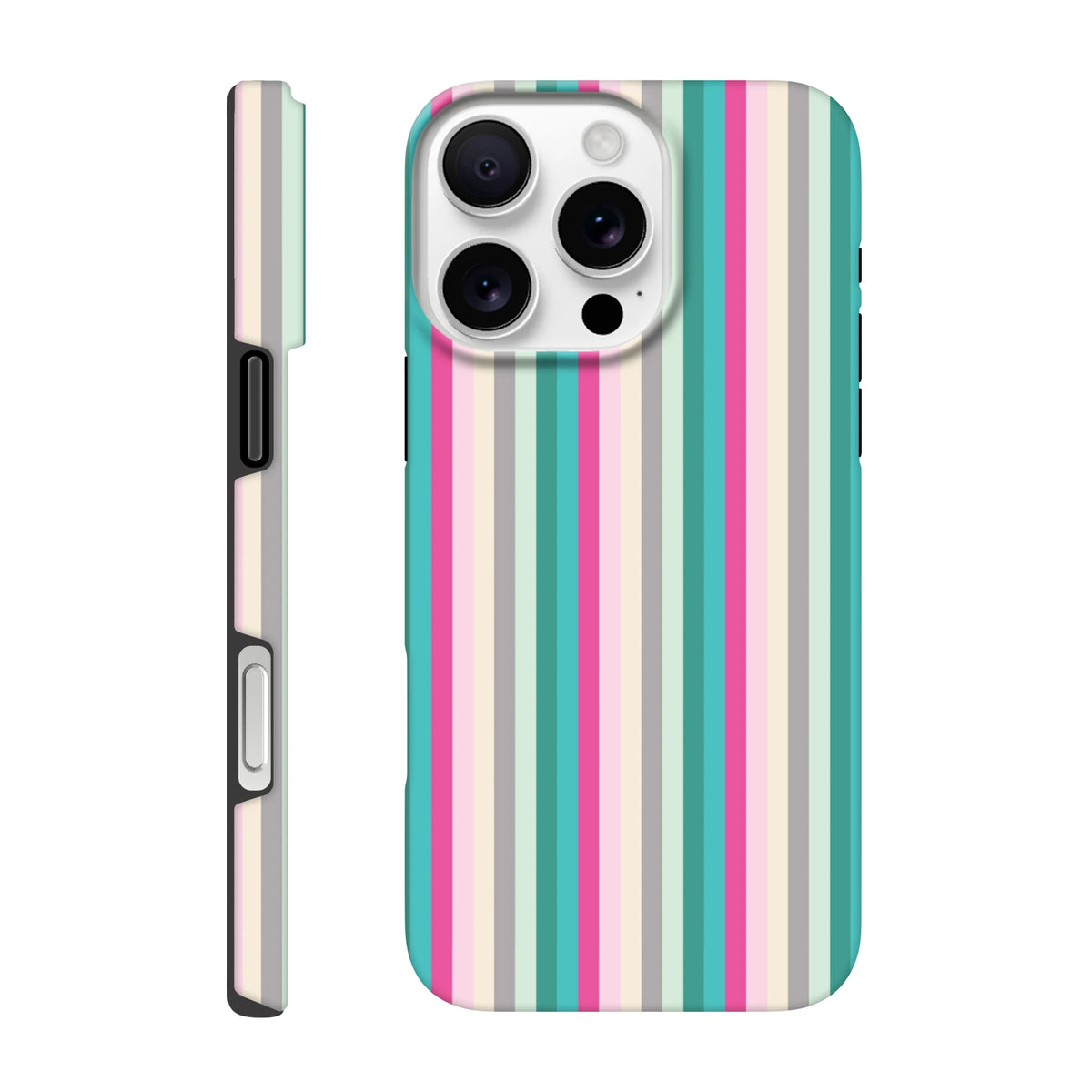 Retro pink and aqua vertical stripe tough iPhone case offering street-ready protection and a vintage city aesthetic.