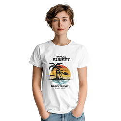 Woman wearing white Retro Tropical Sunset Graphic T-Shirt for Women featuring vintage palm tree and "Beach Resort" design.