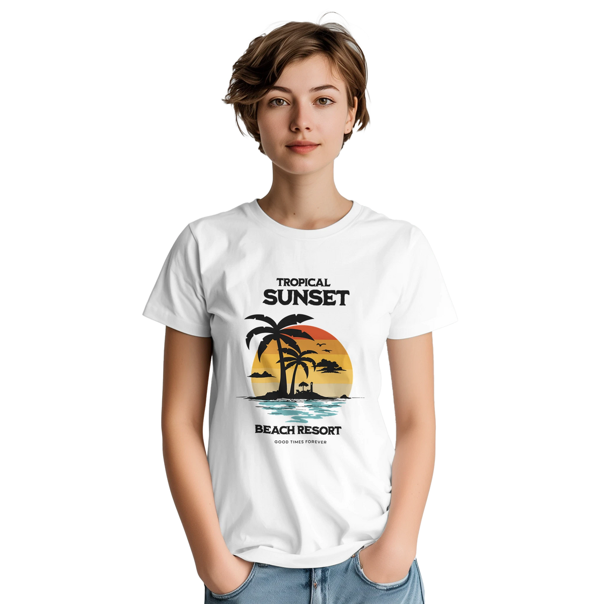 Woman wearing white Retro Tropical Sunset Graphic T-Shirt for Women featuring vintage palm tree and "Beach Resort" design.