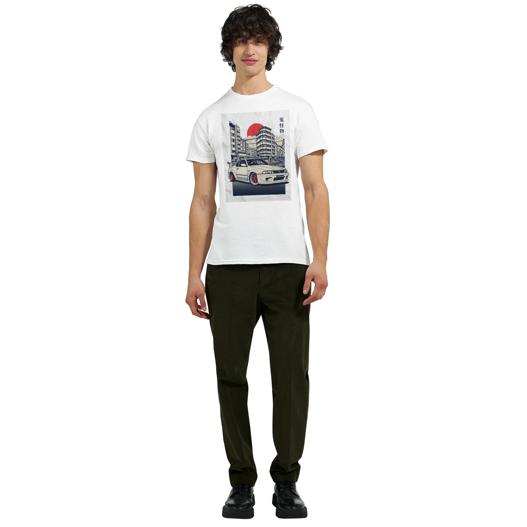 Car T Shirt with JDM graphic of a sports car in a cityscape on a soft cotton tee.