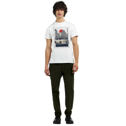Car T Shirt with JDM graphic of a sports car in a cityscape on a soft cotton tee.