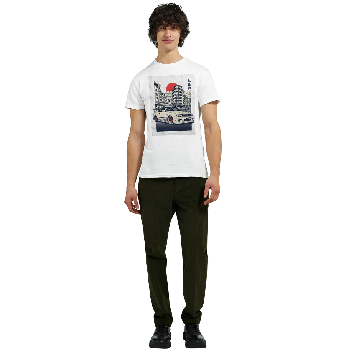 Car T Shirt with JDM graphic of a sports car in a cityscape on a soft cotton tee.