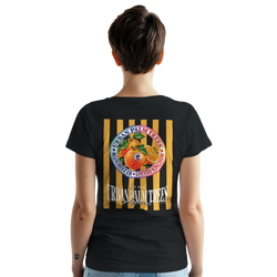 Retro women's black t-shirt featuring a striped fruit back print with vintage oranges and Urban Palm Trees typography.