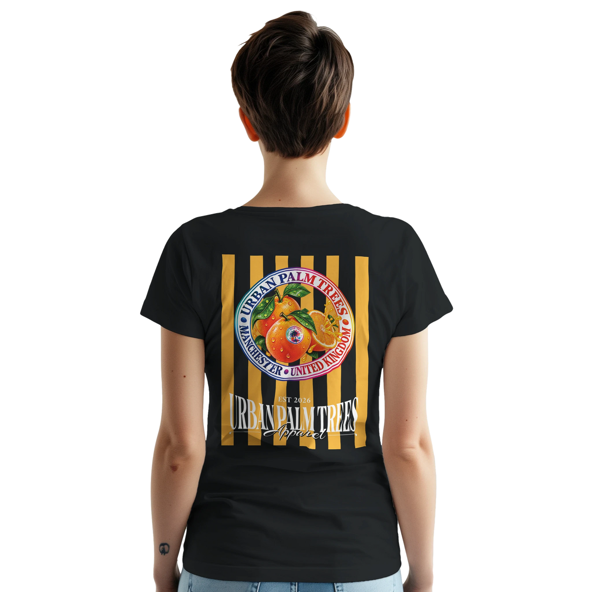 Retro women's black t-shirt featuring a striped fruit back print with vintage oranges and Urban Palm Trees typography.