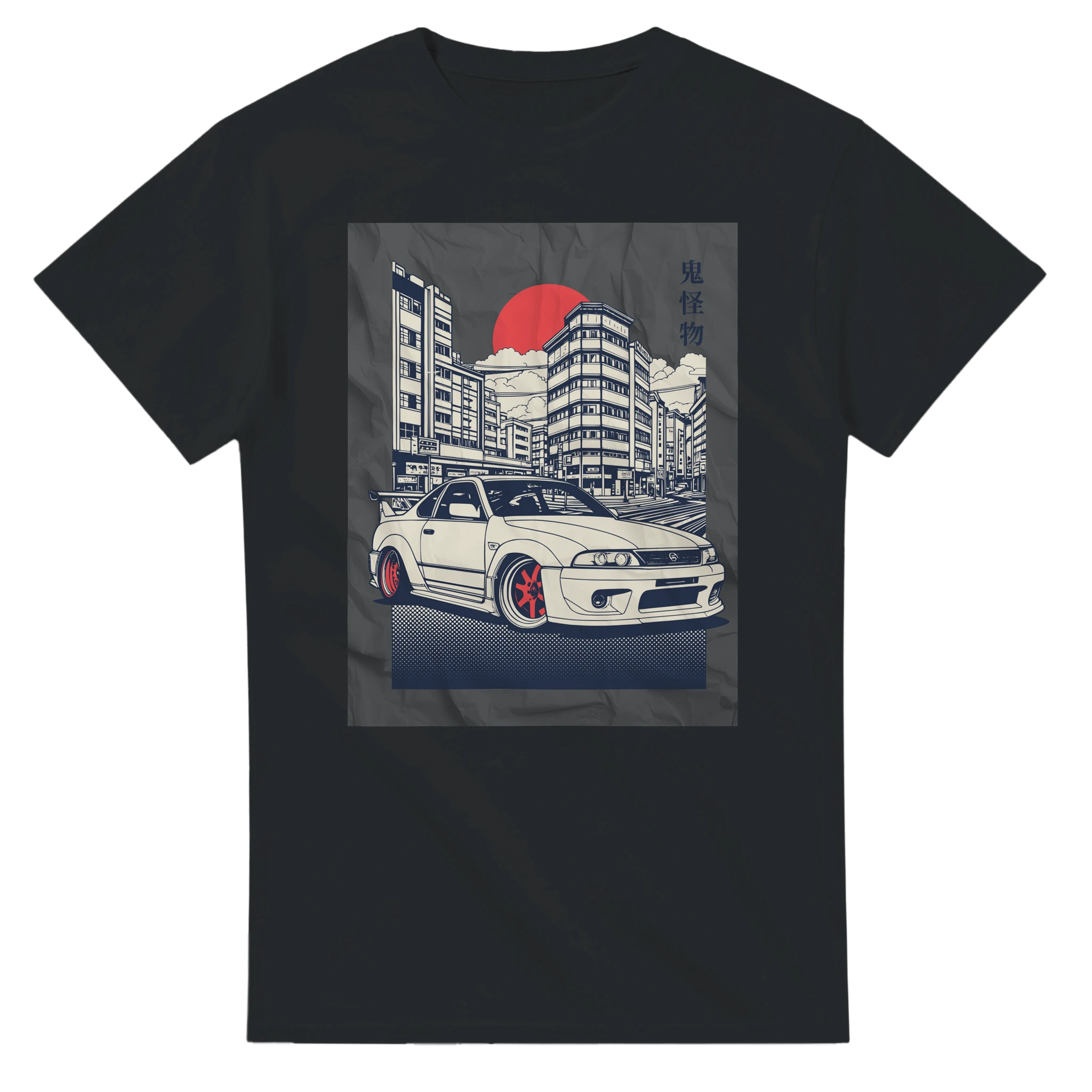 JDM car graphic T-shirt with a white sports car, city skyline, red sun backdrop, blue accents on a soft cotton tee