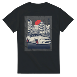 JDM car graphic T-shirt with a white sports car, city skyline, red sun backdrop, blue accents on a soft cotton tee