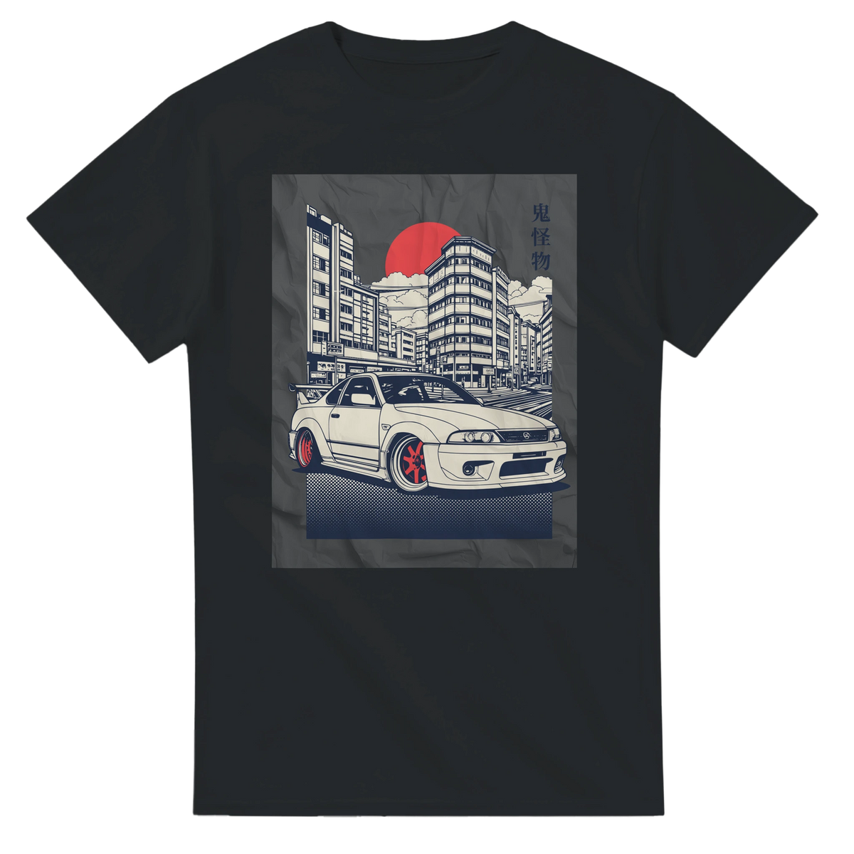 JDM car graphic T-shirt with a white sports car, city skyline, red sun backdrop, blue accents on a soft cotton tee