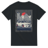 JDM car graphic T-shirt with a white sports car, city skyline, red sun backdrop, blue accents on a soft cotton tee
