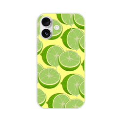 Lime-slice patterned iPhone case for 13–16 with a slim matte shell on a bright yellow background.