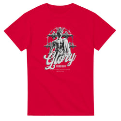 Gothic Glory red graphic tee with grayscale statue, thorny circular backdrop, and bold 'Glory' script.