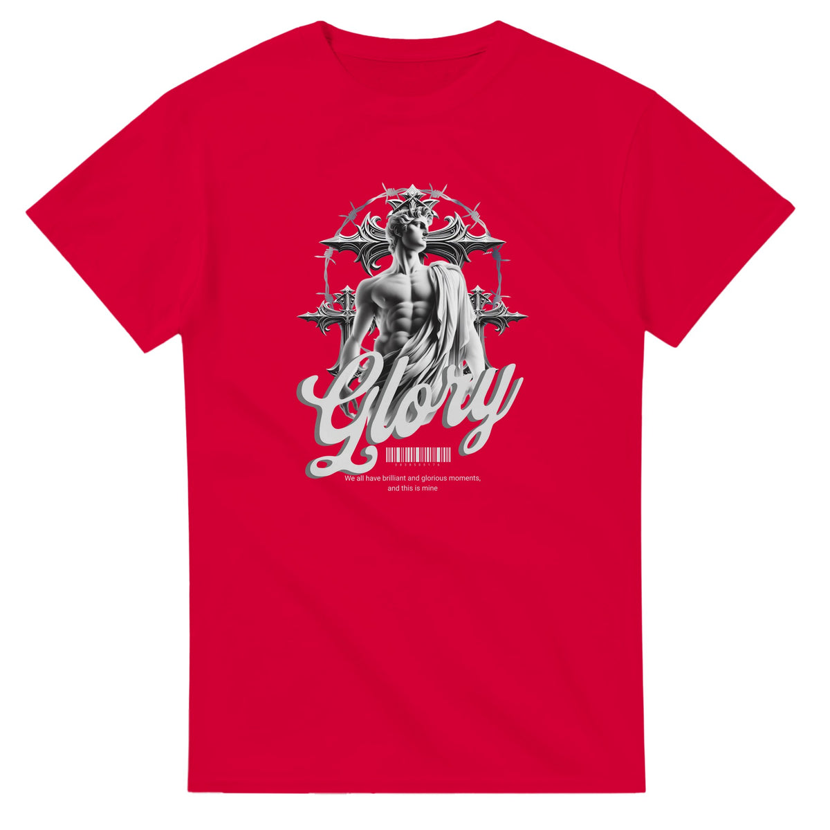 Gothic Glory red graphic tee with grayscale statue, thorny circular backdrop, and bold 'Glory' script.