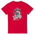 Gothic Glory red graphic tee with grayscale statue, thorny circular backdrop, and bold 'Glory' script.