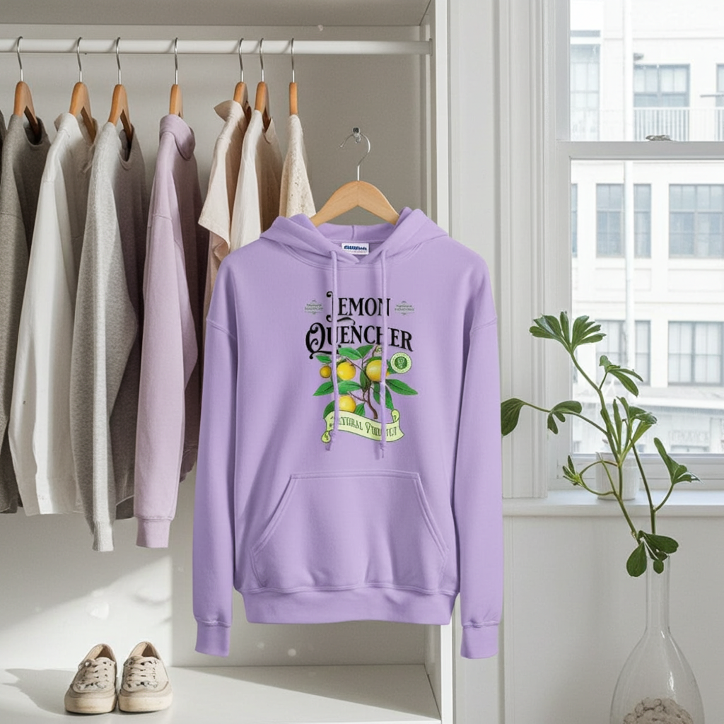 Purple hoodie with lemon design hanging on a rack with other clothes in a bright room.