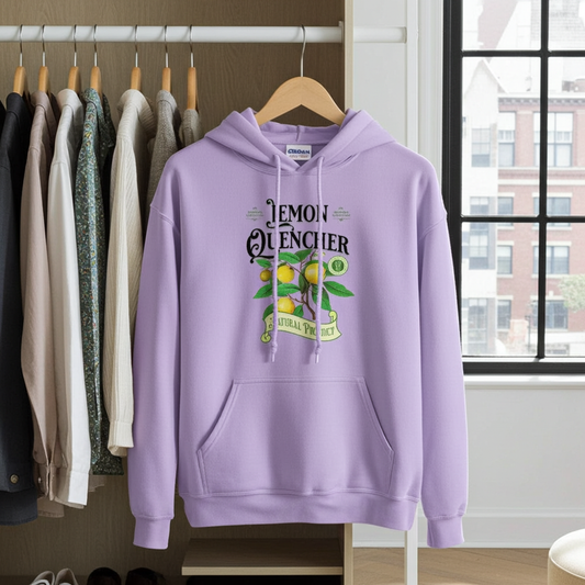Purple hoodie with 'Lemon Quencher' design on a hanger against a windowed wall.
