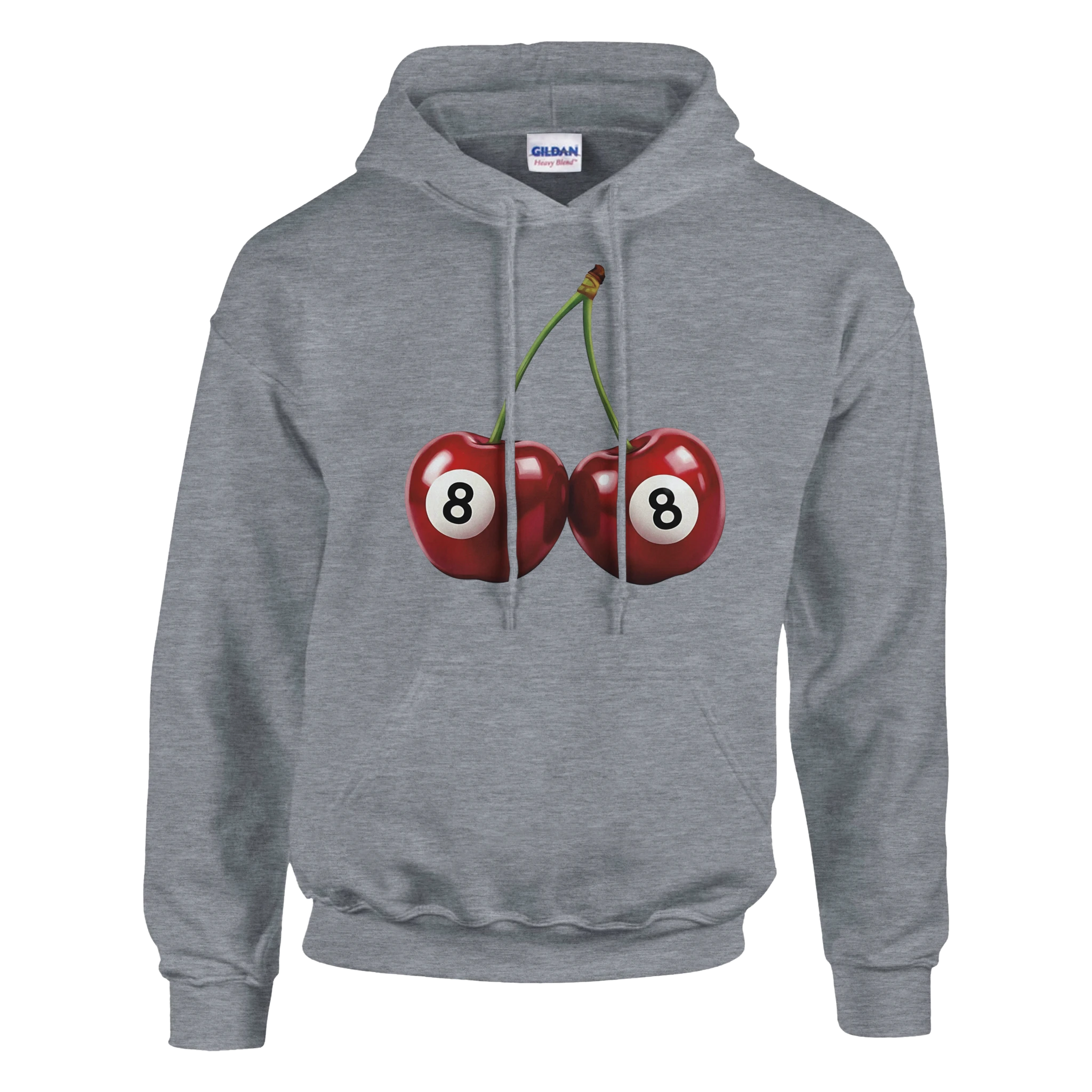 Grey Lucky Cherries hoodie with double-cherry graphic and 8-ball cherries, front pouch pocket.