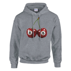 Grey Lucky Cherries hoodie with double-cherry graphic and 8-ball cherries, front pouch pocket.