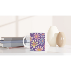 Retro Pastel Daisy Mug with purple floral pattern and comfy grip, ideal for daily coffee or tea.