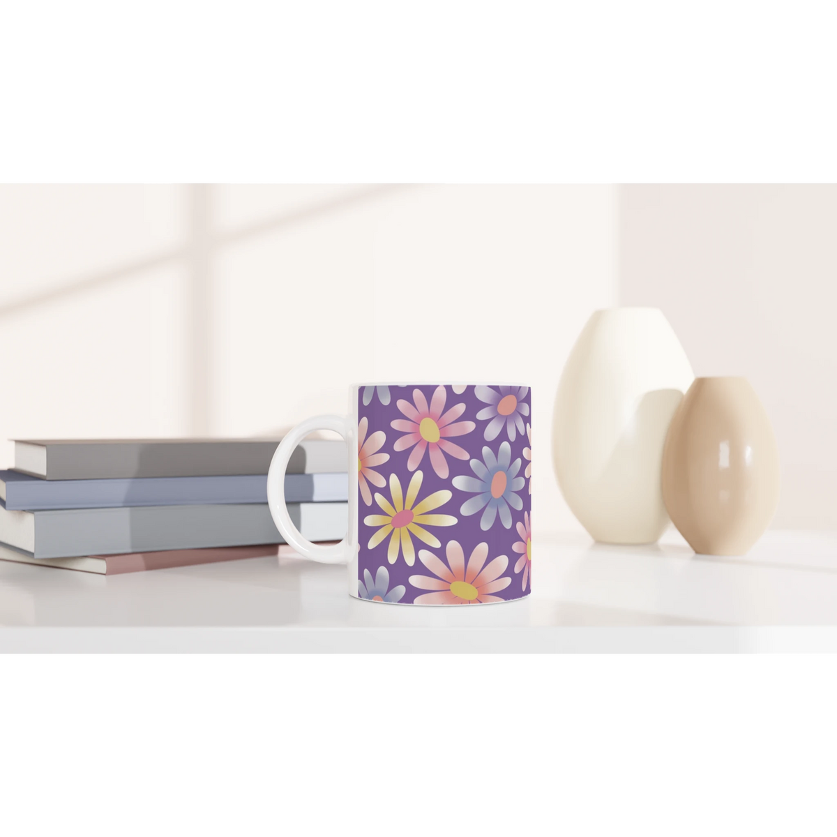 Retro Pastel Daisy Mug with purple floral pattern and comfy grip, ideal for daily coffee or tea.