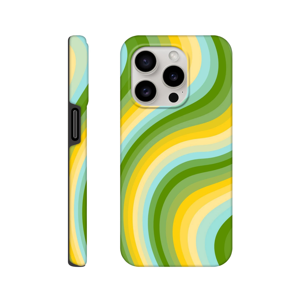 Green and yellow retro wave iPhone case featuring bold Y2K stripes, perfect for streetwear style and durable protection.