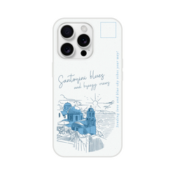Vintage postcard Santorini blue illustration iPhone case for iPhone 13–16; slim matte TPU protection.