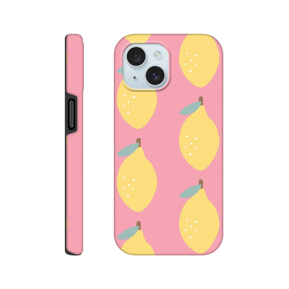 Pink iPhone case featuring a cute yellow lemon pattern on a pastel background. Tough protective fruit design foriPhone 13-16.