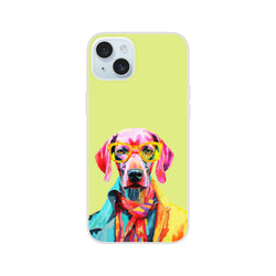 Funny dog pop-art iPhone case for 13-16 in neon lime green featuring a colorful dog wearing sunglasses