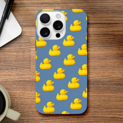 Blue iPhone case featuring a cute yellow rubber duck pattern. Kawaii tough phone cover for daily carry and streetwear style.